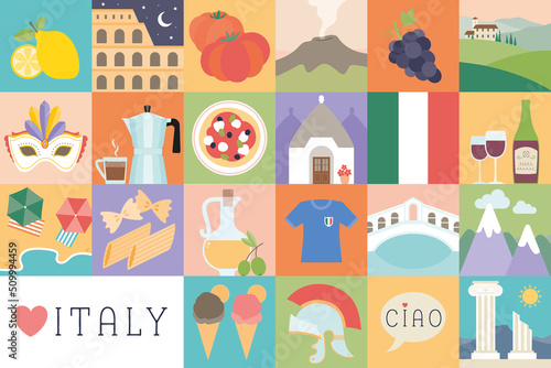 Set of Italy symbols, icons vector illustrations, flat modern style, for tourism, travel, background, wallpaper