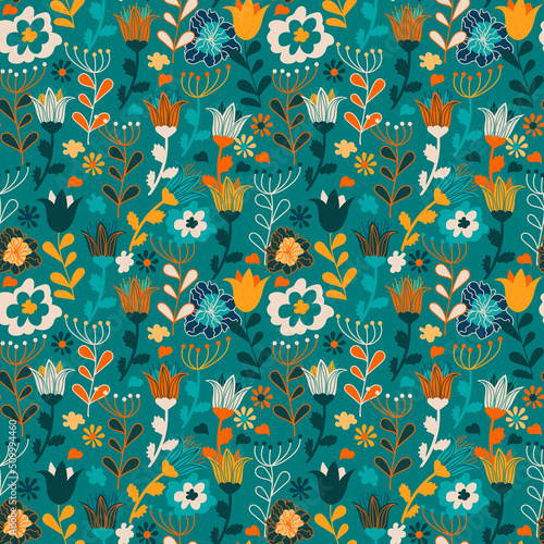 Organic floral seamless abstract background, botanical motif, vector. Colorfu...