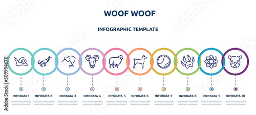 woof woof concept infographic design template. included null, grasshopper sitting, kiwi eating, goat head, sheep with curly wool, big dog, tennis ball, animal paw print, face of staring dog icons