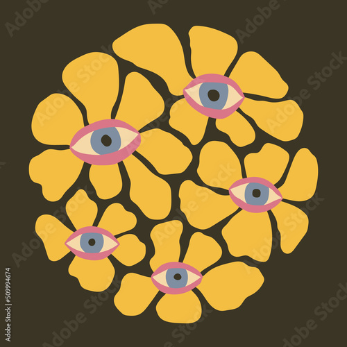 Groovy flowers with eyes print. Psychedelic melting shapes for summer vintage sticker or poster. Acid 1970s doodle style wall art.