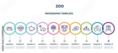 zoo concept infographic design template. included mountains, chimpanzee, teapot, sea lion, peacock, orangutan, oak leaf, harebell, swing icons and 10 option or steps.