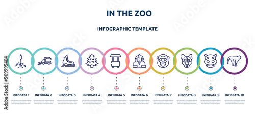in the zoo concept infographic design template. included cattail, snowplow, ice skate, pine tree, food cart, sphinx, gorilla, siberian husky, monkeys icons and 10 option or steps.