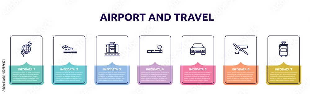 airport and travel concept infographic design template. included international location, plane landing, baggage claim, smoking, front car, no guns, travelling handbags icons and 7 option or steps. airport and travel concept infographic design template. included international location, plane landing, baggage claim, smoking, front car, no guns, travelling handbags icons and 7 option or steps.