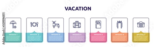 vacation concept infographic design template. included beach umbrella and beach ball, plate with fork and knife cross, sidecar, travelling handle bag, prayer room, airport security portal, digital