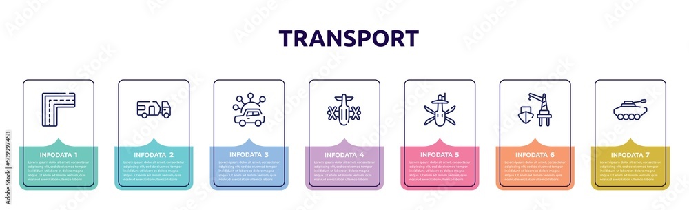 transport concept infographic design template. included broken line, touristic, carsharing, army helicopter bottom view, military helicopter bottom view, harbor, armored vehicle icons and 7 option