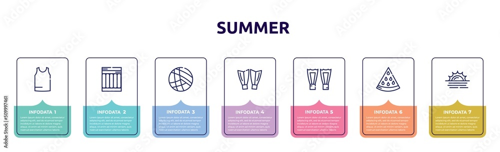 summer concept infographic design template. included sleeveless, air mattress, beach volleyball, diving fins, fins, slice of melon, sun at sea icons and 7 option or steps. summer concept infographic design template. included sleeveless, air mattress, beach volleyball, diving fins, fins, slice of melon, sun at sea icons and 7 option or steps.
