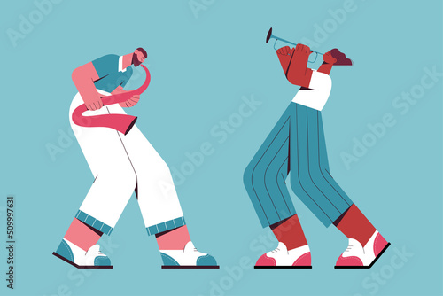 Vector flat illustration with jazz performers. Jazz players with saxophone and trumpet. Music festival. Jazz festival. Banner.