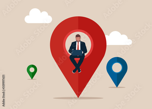 Employee working remotely with computer laptop on location map pin. Remote job or distance work, virtual office or working anywhere, freelancer or online office. 