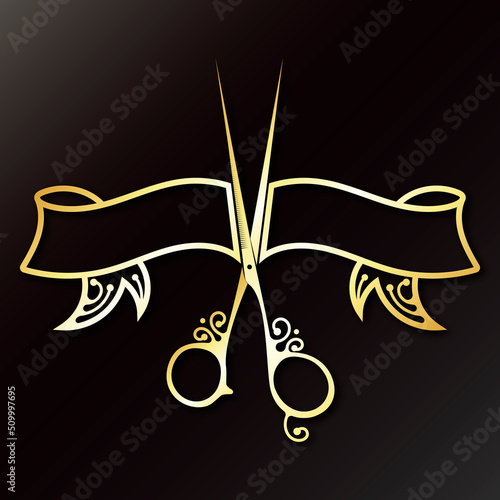 Gold hair stylist scissors with decor. Decorative ribbon silhouette. Design for hair stylist and beauty salon