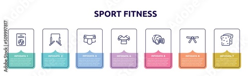sport fitness concept infographic design template. included baseball card, horizontal bars, jockstrap, armour, hockey helmet, black belt, whole wheat bread icons and 7 option or steps.