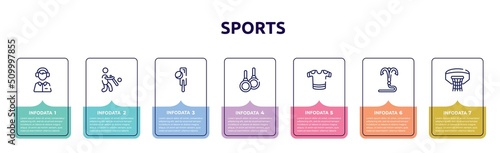 sports concept infographic design template. included sport commentor, batter, crocket, gymnastic rings, t-shirts, grappling hook, basketball hoop icons and 7 option or steps.