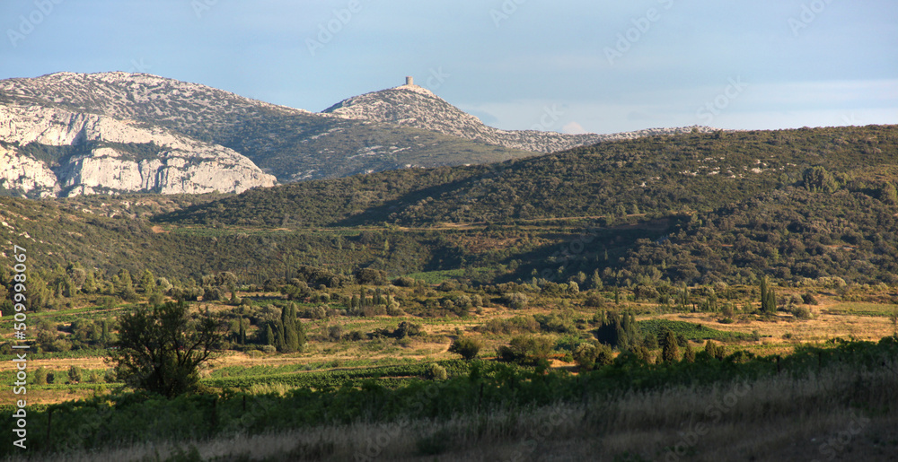 Mountain landscape with the ruins of the medieval Tour de Far tower near Tautavel, Occitanie region in France