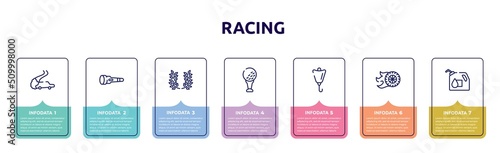 racing concept infographic design template. included drifting, dive light, laurel wreath, tee, lift bag, burnout, oil down icons and 7 option or steps.