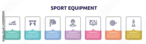 sport equipment concept infographic design template. included fitness step, hurdle, victory lap, cyclist, telemetry, crank, chesspiece icons and 7 option or steps.