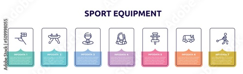 sport equipment concept infographic design template. included football flag, pommel horse, polo player, fencer, paddock, ice resurfacer, hammer throwing icons and 7 option or steps.