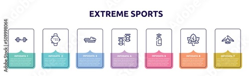 extreme sports concept infographic design template. included barbell, dive computer, speedboat, null, , m leaf, hang gliding icons and 7 option or steps.