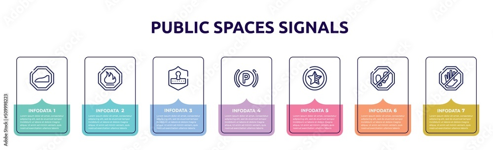 public spaces signals concept infographic design template. included slope, fire warning, safety code, parking lights, half star, no step, no push icons and 7 option or steps. public spaces signals concept infographic design template. included slope, fire warning, safety code, parking lights, half star, no step, no push icons and 7 option or steps.