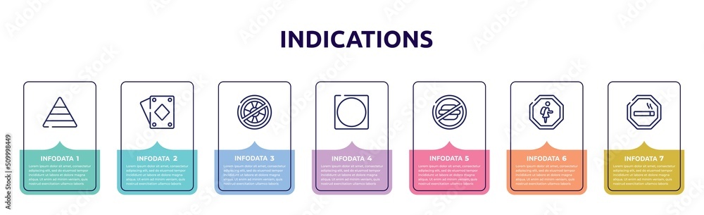 indications concept infographic design template. included pyramidal structure, diamond ace, no lifeguard, circle inside square, not allowed snacks, school zone, smoke zone icons and 7 option or