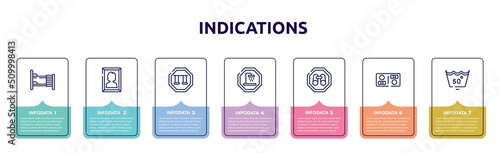 indications concept infographic design template. included dormitory, woman portrait, swings, shower place, site seeing place, restroom, null icons and 7 option or steps.