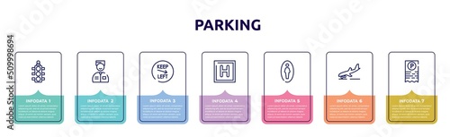parking concept infographic design template. included semaphore light, valet, keep left, round hotel, men toilet, landing, parking ticket icons and 7 option or steps.