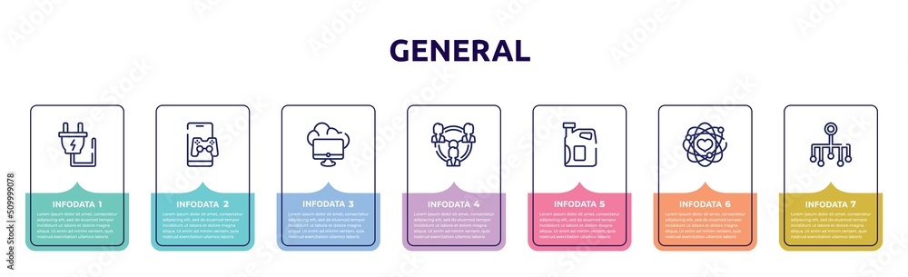 general concept infographic design template. included electric plug, in-game advertising, edge computing, business networking, engine oil, core values, classification icons and 7 option or steps. general concept infographic design template. included electric plug, in-game advertising, edge computing, business networking, engine oil, core values, classification icons and 7 option or steps.
