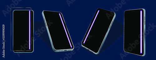 Mobile phone tilted from four sides on a blue background. Smartphone with black glass and glare on the screen. Realistic modern phone presentation