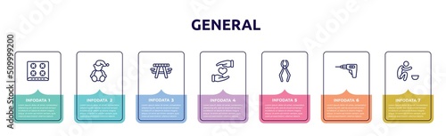 general concept infographic design template. included hob, teddy bear with sleep hat, picnic table with basket, heart between hands, nail puller, perforator, poor icons and 7 option or steps.