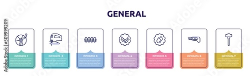 general concept infographic design template. included cd record, fretsaw, wooden fence, go green badge, save water badge, stationery knife, sledgehammer icons and 7 option or steps.