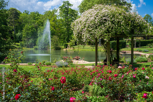 F, Loire, Orléans, Park und Garten, Parc Floral de la Source, Blick auf aus dem Rosarium auf den See
