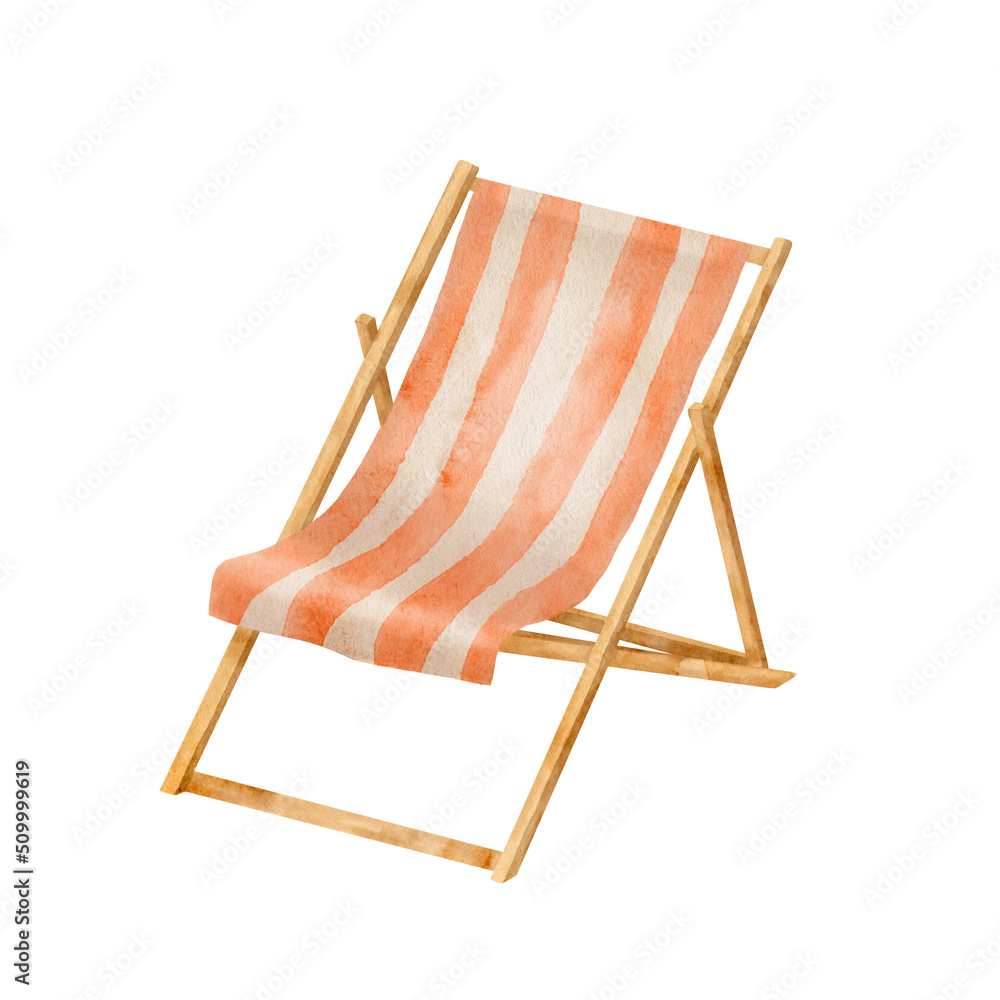 Watercolor beach chair illustration. Hand drawn wooden striped deckchair isolated on white background. Summer relax illustration. Sun lounge chair painting