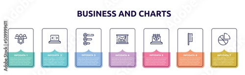 business and charts concept infographic design template. included team management, clean code, voting results, graphical report, digital finance, bow flags, diagrams icons and 7 option or steps.