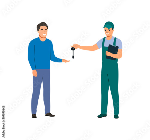 Builder handing over the keys to the client. Vector illustration.