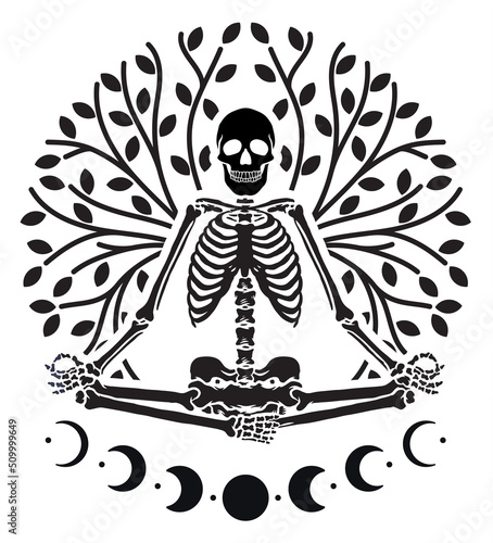 Yoga Skeleton is surrounded by trees and moon phase