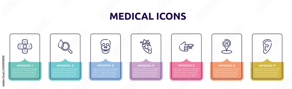 medical icons concept infographic design template. included bandage cross, blood analysis, human skull, heart organ, hurted finger with bandage, hospital placeholder, human ear shape icons and 7 medical icons concept infographic design template. included bandage cross, blood analysis, human skull, heart organ, hurted finger with bandage, hospital placeholder, human ear shape icons and 7
