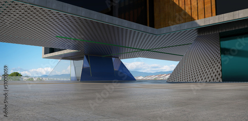 Empty space under the building with beautiful sky landscape background, 3D rendering.