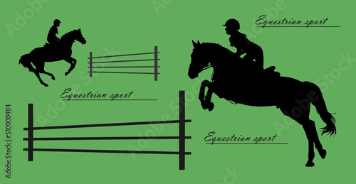 a set of silhouettes. a rider jumping over an obstacle on a horse, isolated images, a black silhouette on a white background.
