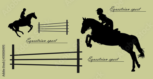 a set of silhouettes. a rider jumping over an obstacle on a horse, isolated images, a black silhouette on a white background.