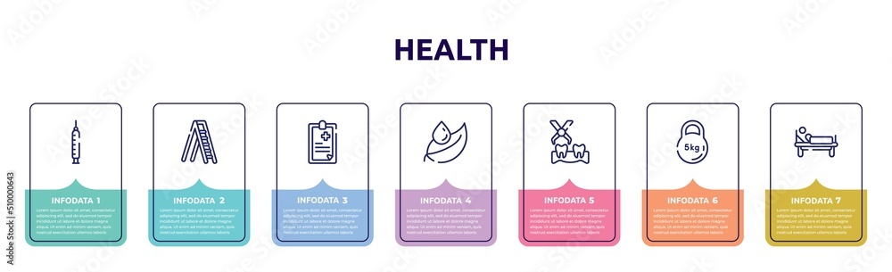 health concept infographic design template. included medical syringe, mechanical ladder, clinic history, leaf and drop, extraction, kettlebell, patient in hospital bed icons and 7 option or steps. health concept infographic design template. included medical syringe, mechanical ladder, clinic history, leaf and drop, extraction, kettlebell, patient in hospital bed icons and 7 option or steps.