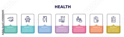 health concept infographic design template. included closed eyes with lashes and brows, frontal ambulance, serum bag, hospital with three floors, candle and stone, stais, checked list icons and 7