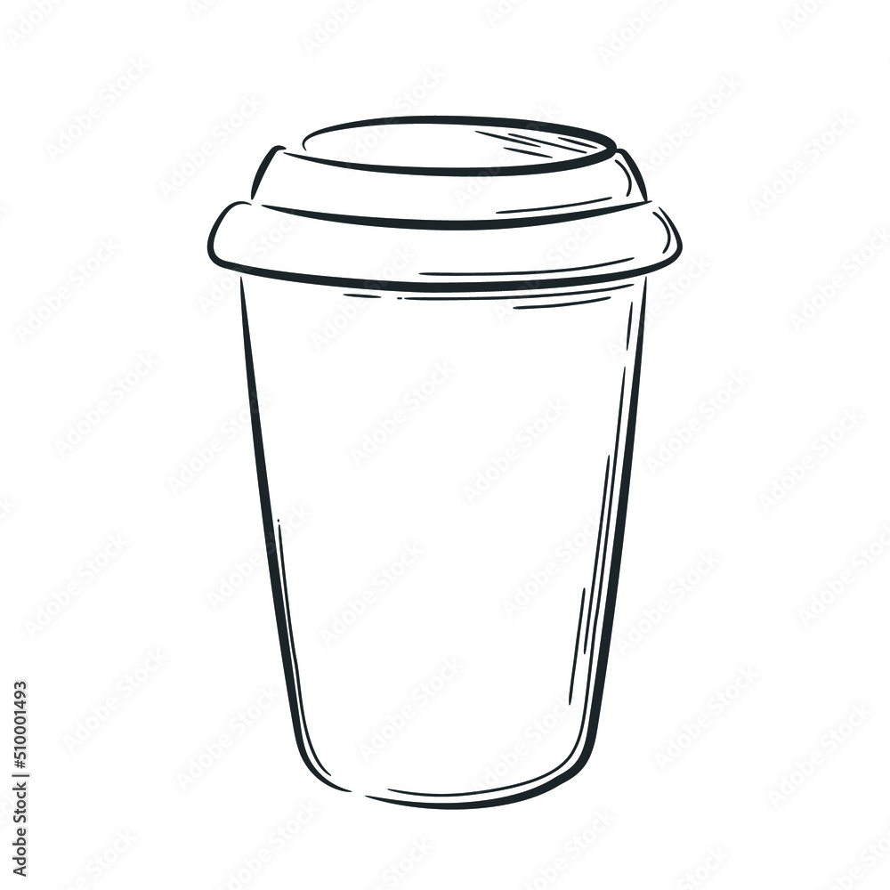 A simple drawing of a paper cup for hot drinks. Hand drawn glasses with a lid. Doodle style drawing with strokes. Black outline on a white background. A simple drawing of a paper cup for hot drinks. Hand drawn glasses with a lid. Doodle style drawing with strokes. Black outline on a white background.