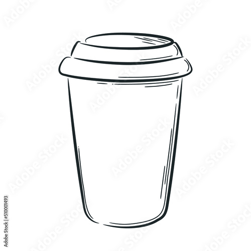A simple drawing of a paper cup for hot drinks. Hand drawn glasses with a lid. Doodle style drawing with strokes. Black outline on a white background.