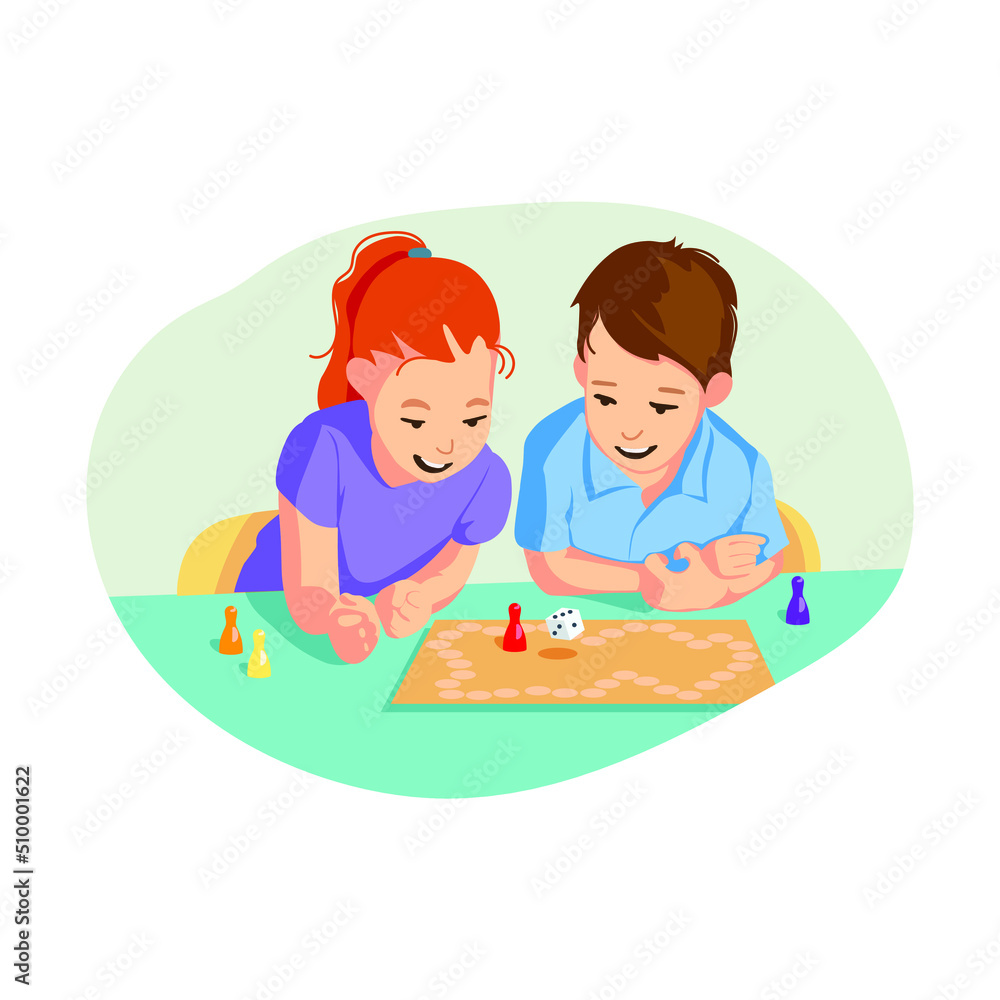 Cheerful children seat by table and play table games together. Kids having fun while playing board game. Spending time playing tabletop games. Vector illustration. Cheerful children seat by table and play table games together. Kids having fun while playing board game. Spending time playing tabletop games. Vector illustration.