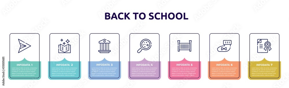back to school concept infographic design template. included paper airplane, book of fairy tales, pillars, microorganism, crib, booties, grade icons and 7 option or steps. back to school concept infographic design template. included paper airplane, book of fairy tales, pillars, microorganism, crib, booties, grade icons and 7 option or steps.
