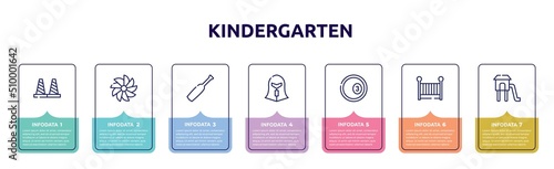kindergarten concept infographic design template. included bollards, whirligig, baseball bat, spartan, ball pool, cradle, children park icons and 7 option or steps.