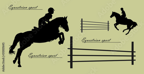 a set of silhouettes. a rider jumping over an obstacle on a horse, isolated images, a black silhouette on a white background.