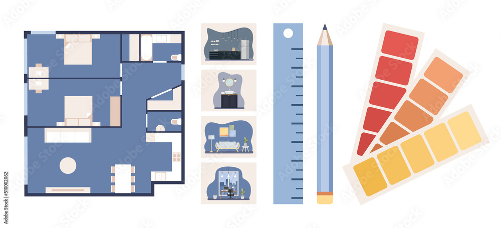 Naklejka premium Interior design icon set. Home decoration interior stores. Construction concept. Vector flat illustration 