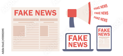 Fake News icon set. Mass media, announcement, hot online information, propaganda newscast. Fake, discredit, lie, confusion, incite and distort information. Vector flat illustration 