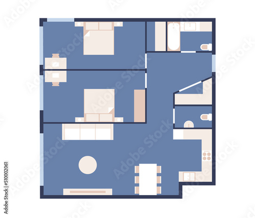 Interior design concept. House interior layout. Apartment plan with arrangement of furniture and appliances. Vector flat illustration
