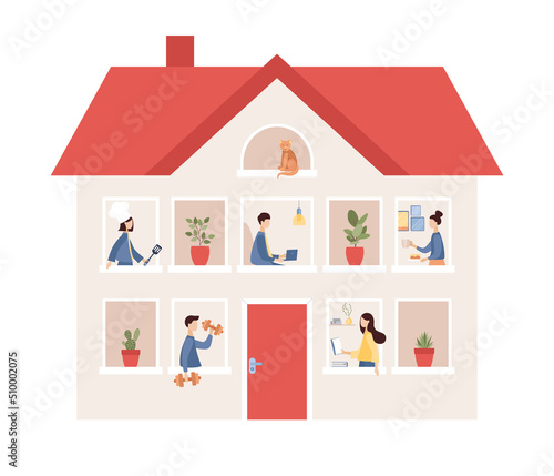 Stay at home concept. People inside residence building. Home lifestyle. Home sweet home. Self-isolation and quarantine. Vector flat illustration