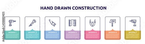 hand drawn construction concept infographic design template. included drill, screw hand drawn tool, band saw, doors open, inclined magnet, stop hand drawn, null icons and 7 option or steps.